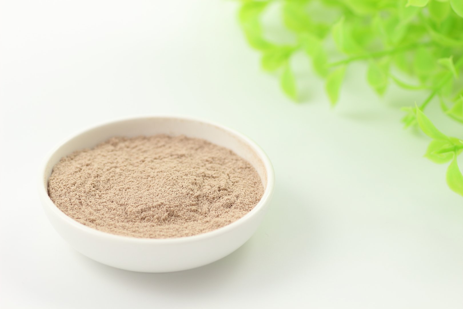 The chocolate protein powder neatly arranged in a small white bowl speaks of its high quality with its uniform particles. Incorporate this into your daily health routine.