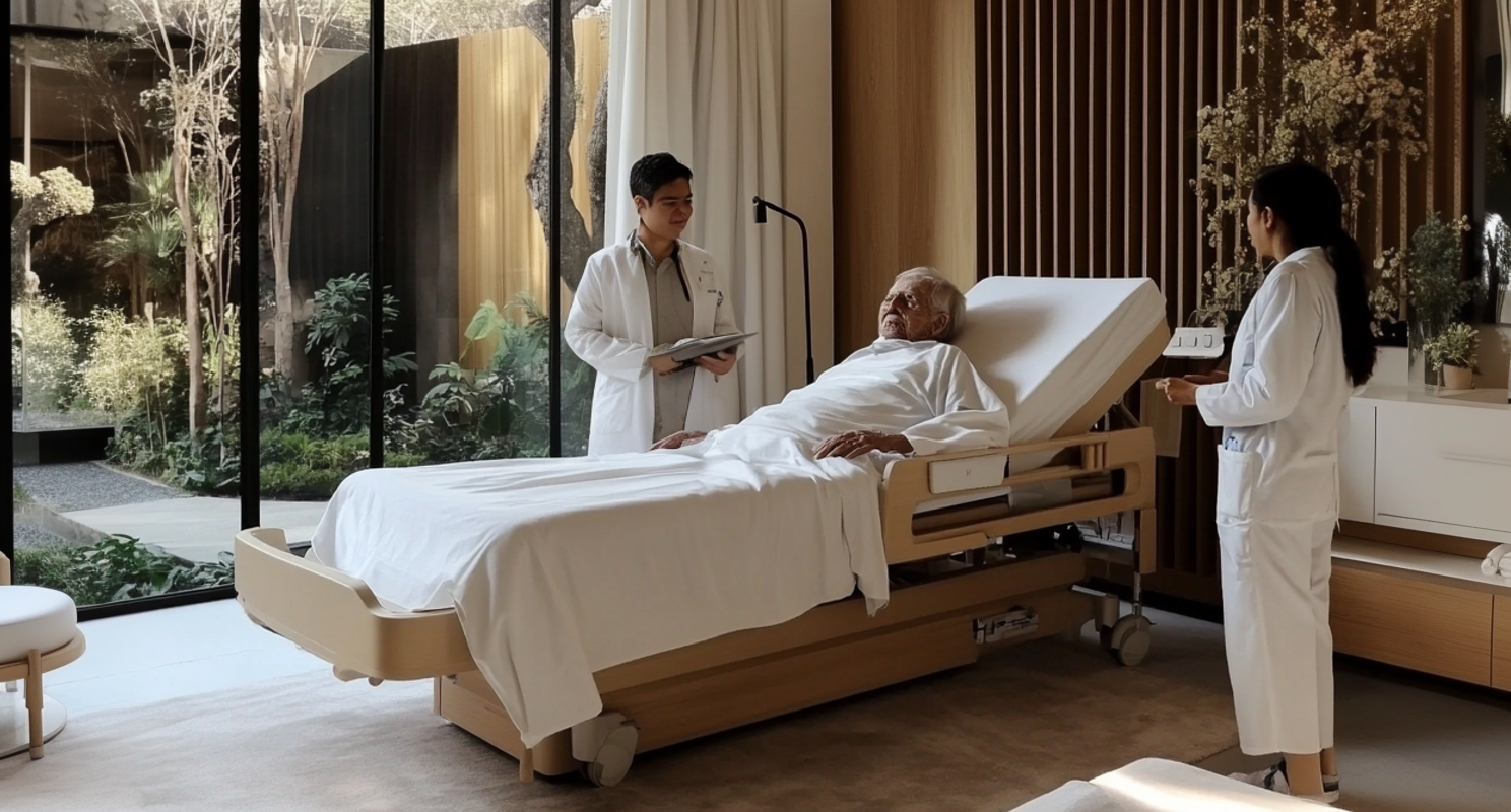 Elderly man in hospital bed with two medical professionals in a modern hospital room with large windows.
