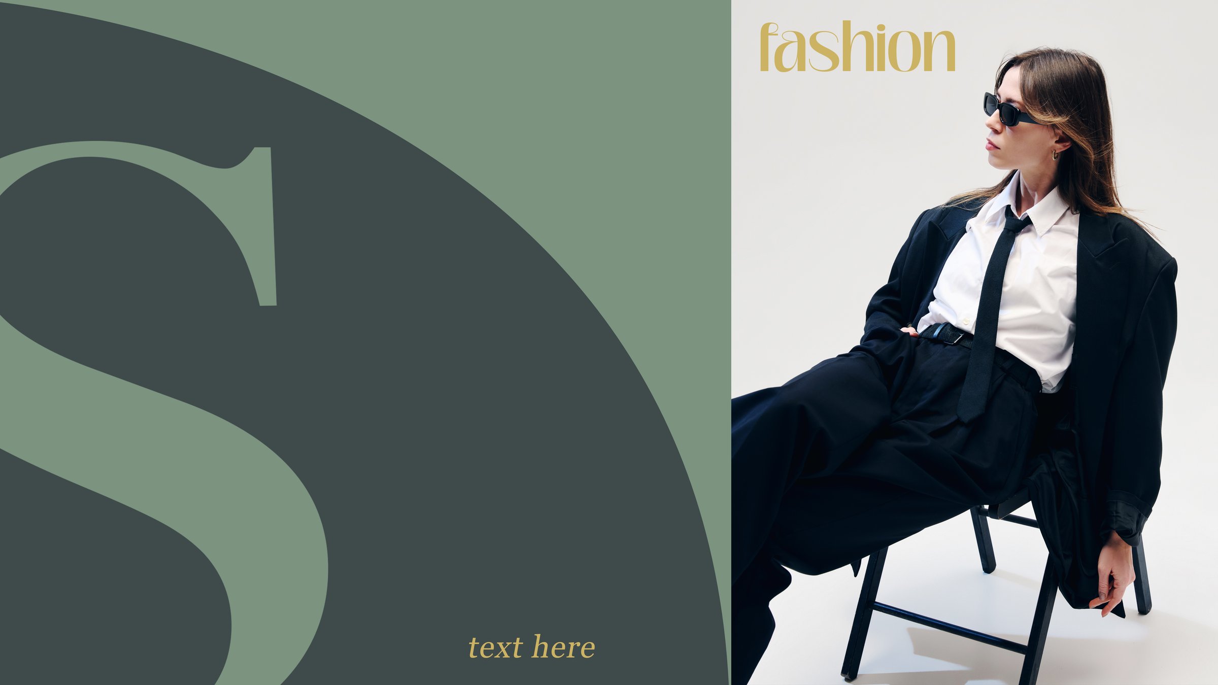 Woman in black suit and white shirt, sitting stylishly on chair, combining timeless elegance and contemporary fashion. Text elements. Concept of female fashion, trends, style. Banner template