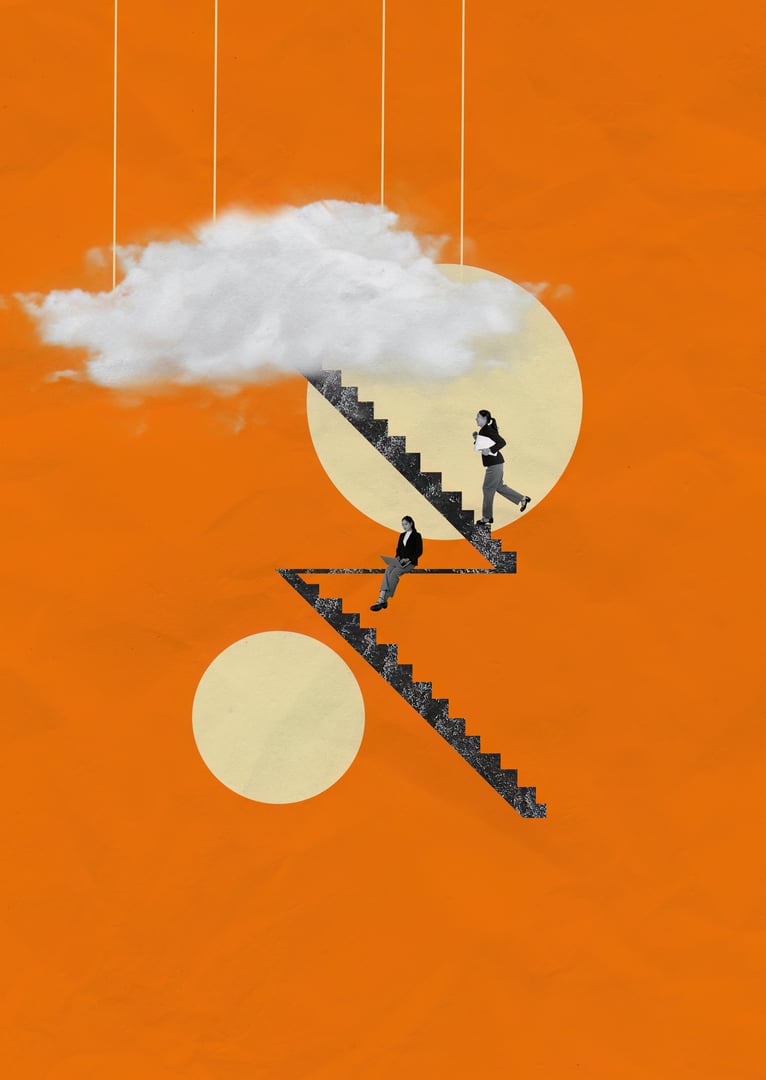 Modern art collage depicting business concepts with abstract elements, vibrant colors, and unique design on an orange background.