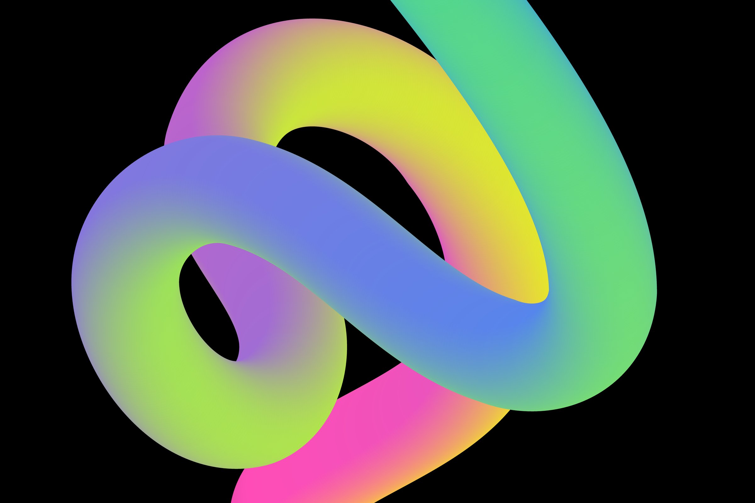 Dynamic 3D ribbon with a smooth gradient of neon green, soft pink, and bright violet hues on a black background. The twisted shape flows seamlessly, creating a glossy, futuristic appearance ideal for design projects, motion graphics, and digital covers. The vibrant colors blend into each other, enhancing the fluidity and movement of the form, evoking a sense of modernity and visual intrigue.