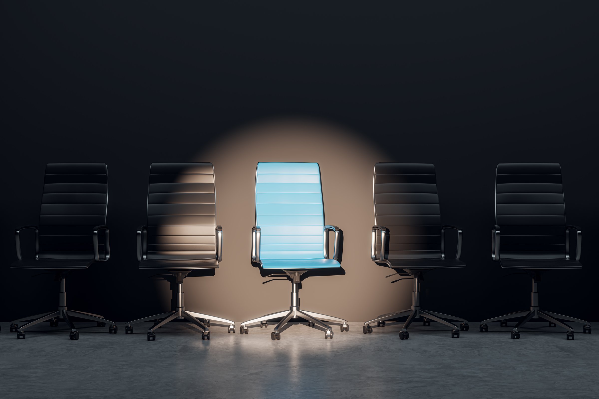Job interview, recruitment concepts. Row of chairs with one odd one out. Job opportunity. Blue chair in spotlight. Business leadership. 3D Rendering