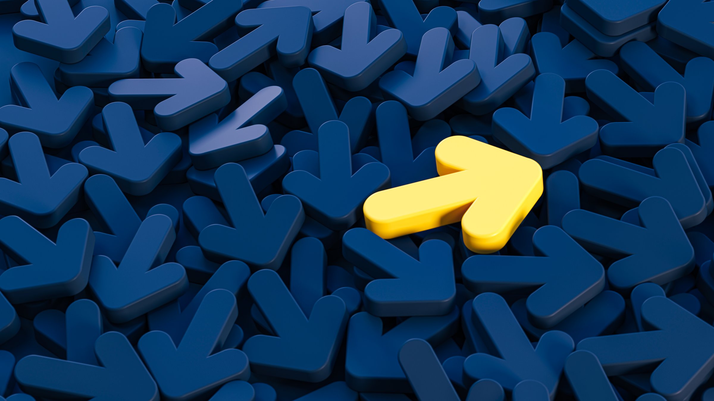 Description: A collection of 3D black arrow icons is stacked together, representing a mix of thoughts and directions. At the top of the pile is a distinct yellow arrow, symbolizing clarity and leadership among the confusion of various directions. This minimalistic composition reflects the challenge of finding one's path amidst differing ideas, illustrating the concept of directional focus and decision-making. The contrast of the yellow arrow against the black arrows emphasizes the idea of standing out and leading in a new direction. 3D rendering enhances the visual depth and impact of the concept.