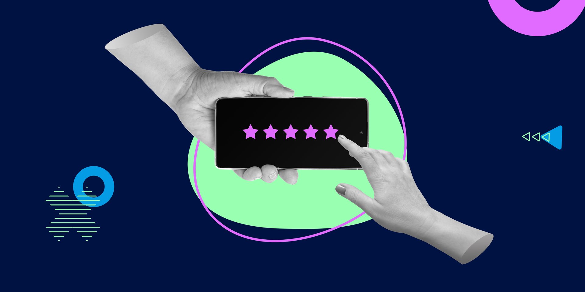 Customer reviews, quality assurance and brand trust emphasizing user experience and service evaluation. Hand picks five-star rating on smartphone screen. Minimalist art collage.