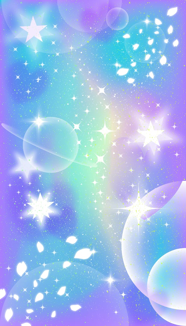 Pastel holographic rainbow unicorn background, anime manga backdrop with glowing sparkles, stars, hearts and sakura petals. Cute kawaii elements, design template y2k,