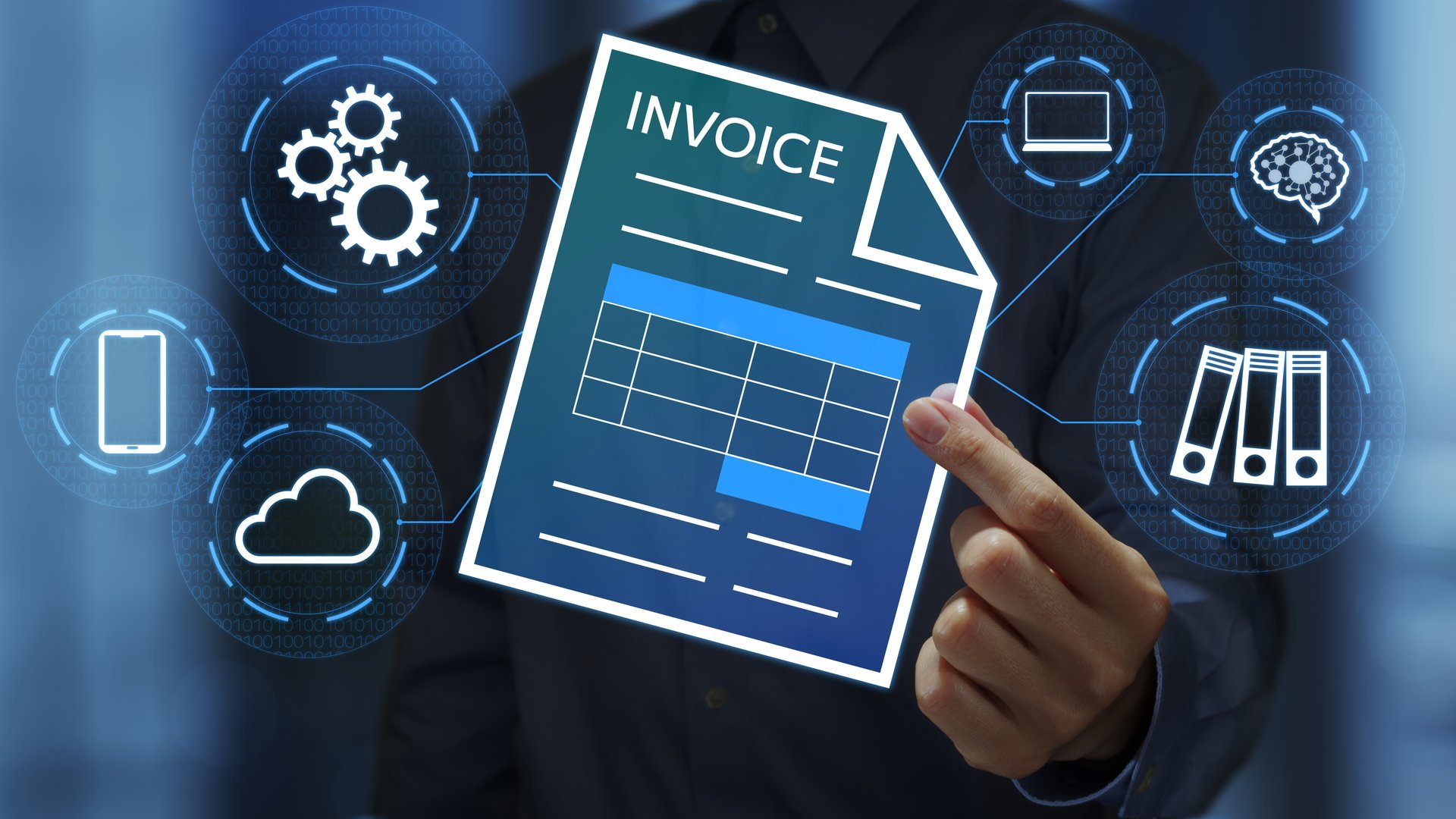 Businessperson holding an electronic invoice file icon.