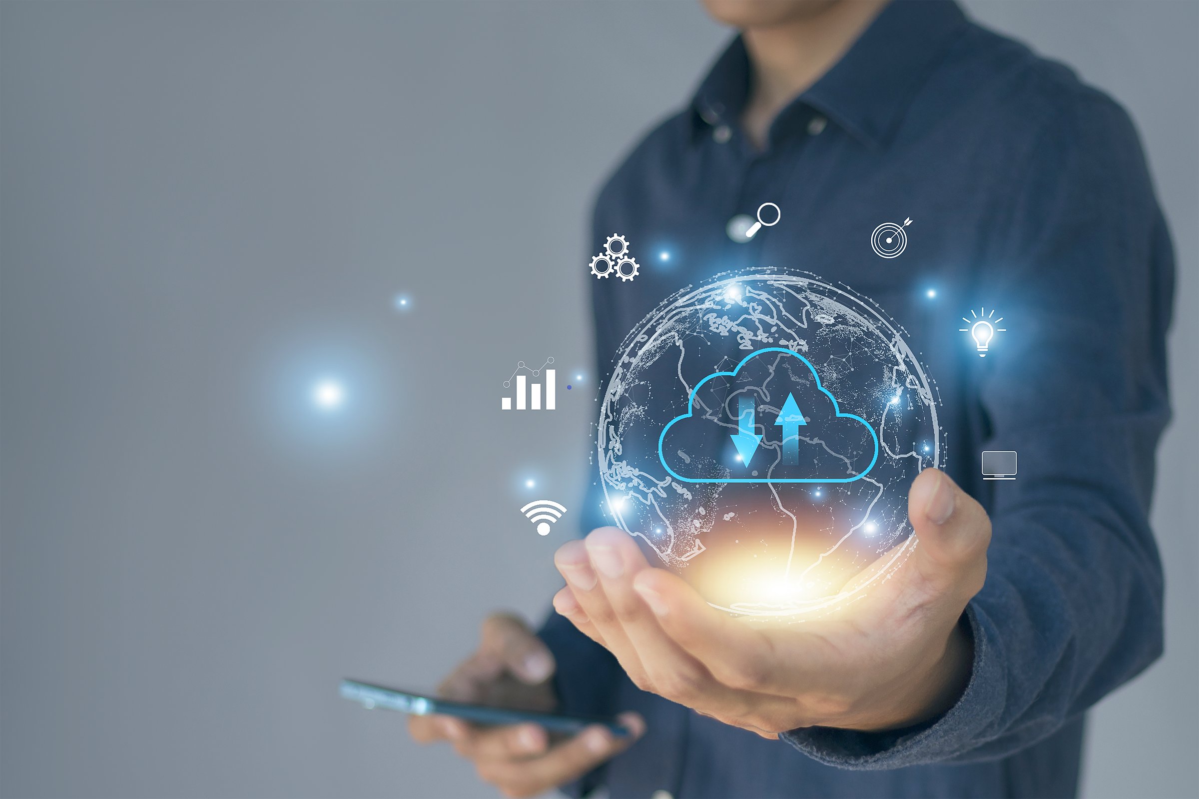 cloud computing shown in hand cloud technology data storage, data transfer, network and internet service concept, internet storage network technology