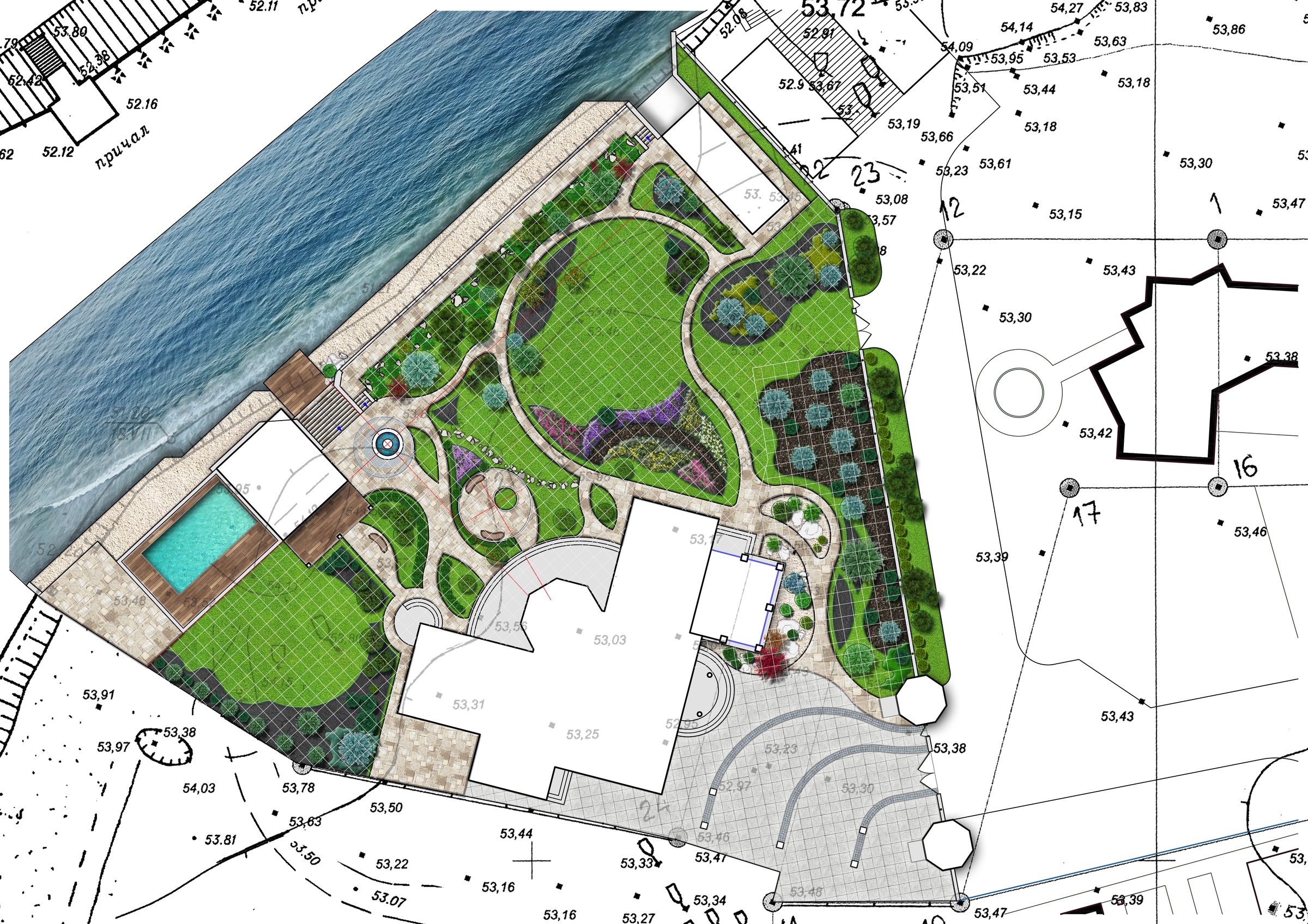 Bird's eye view illustration of complete residential lot landscaping.
