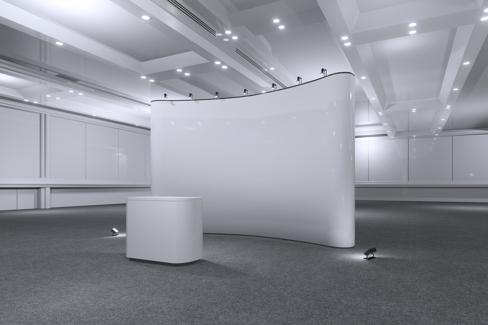 Exhibition stand for mockup and Corporate identity,Display design.Empty booth Design.Retail booth elements in Exhibition hall.booth Design trade show.Blank Booth system of Graphic Resources.3d Background for online Event,conference,live.3d render.