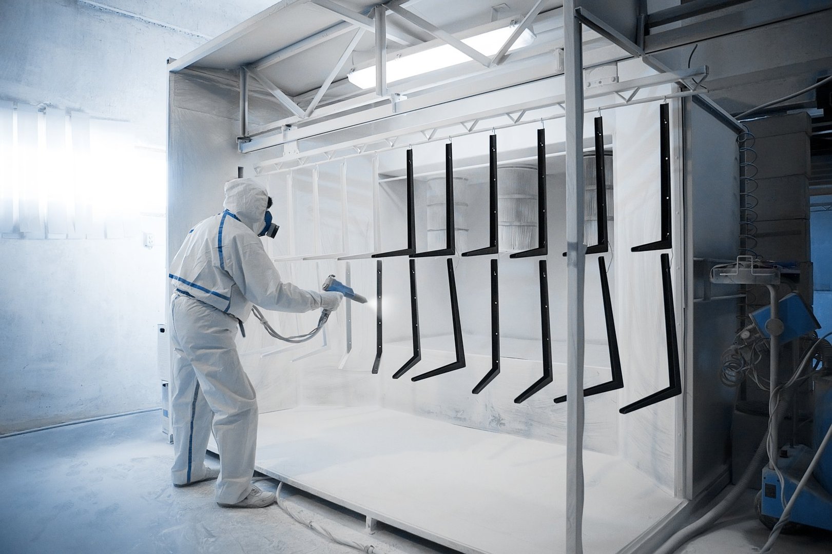 Worker wearing protective wear performing powder coating of metal details in a special industrial camera