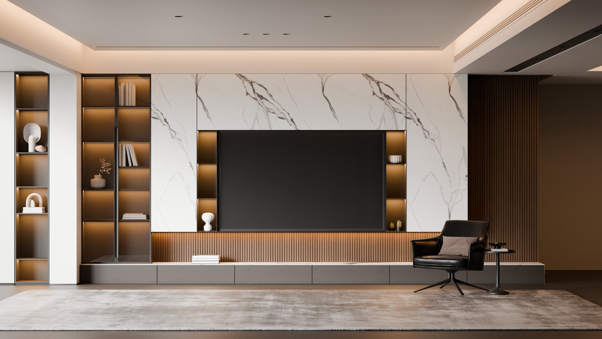 A modern minimalist luxury living TV room featuring a marble wall panel, warm ambient lighting, and sleek built-in cabinetry. The space combines clean lines, neutral tones, and refined materials to create a calm and elegant contemporary interior.
