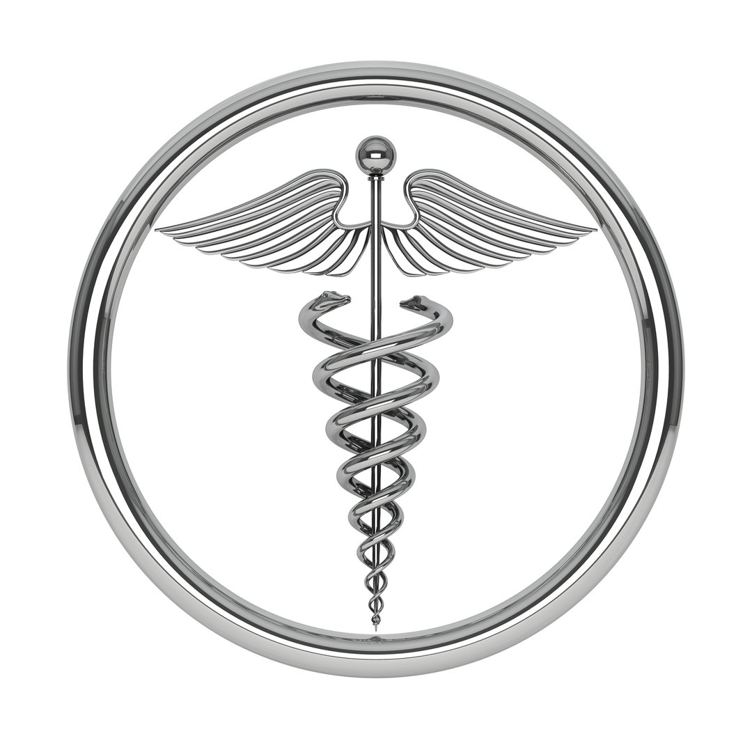 Silver Medical Caduceus Symbol on a white background. 3d Rendering