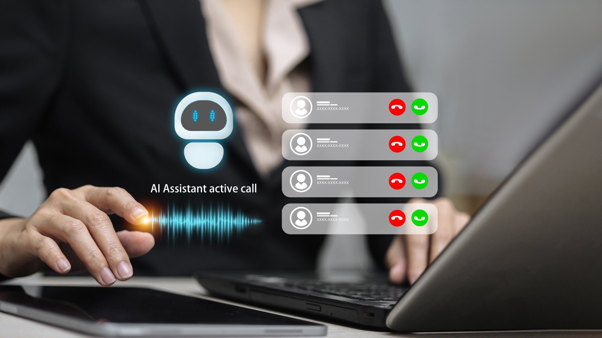Businesswoman using AI assistant active call interface with virtual voice assistant, communication technology, smart automation, customer service, and artificial intelligence solution concept.