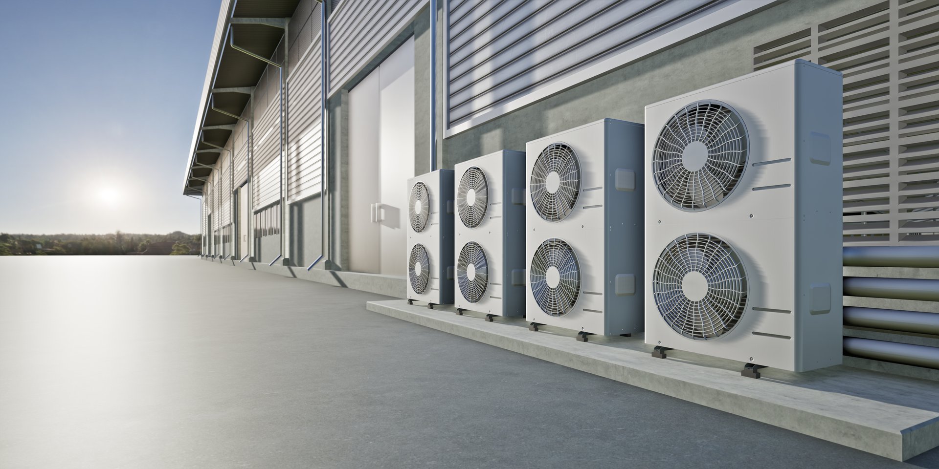 3d rendering of condenser unit in perspective view. Cooling systems, climate control in industrial buildings. Air conditioning HVAC system technology for heat ventilation, temperature regulation.