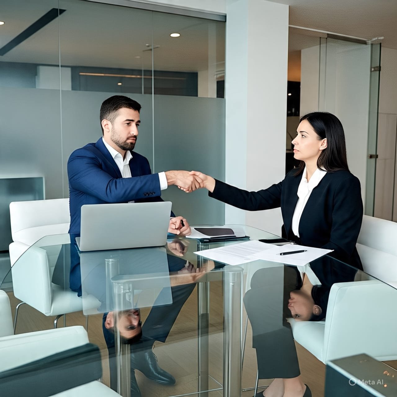 Two business professionals shaking hands across a glass table in a modern office setting.