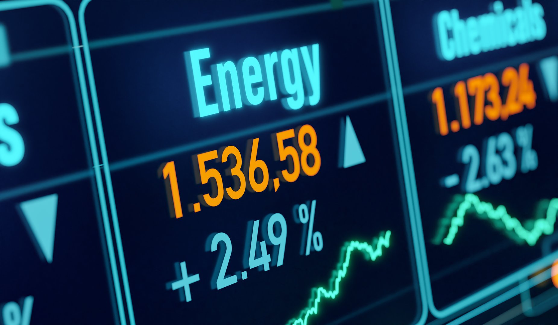 Energy index, market data energy industry. Price information, changes, stock market and exchange, business, sector index, trading. 3D illustration