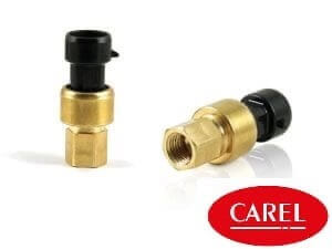 Two brass and black pressure sensors with a red Carel logo, shown from different angles on a white background.