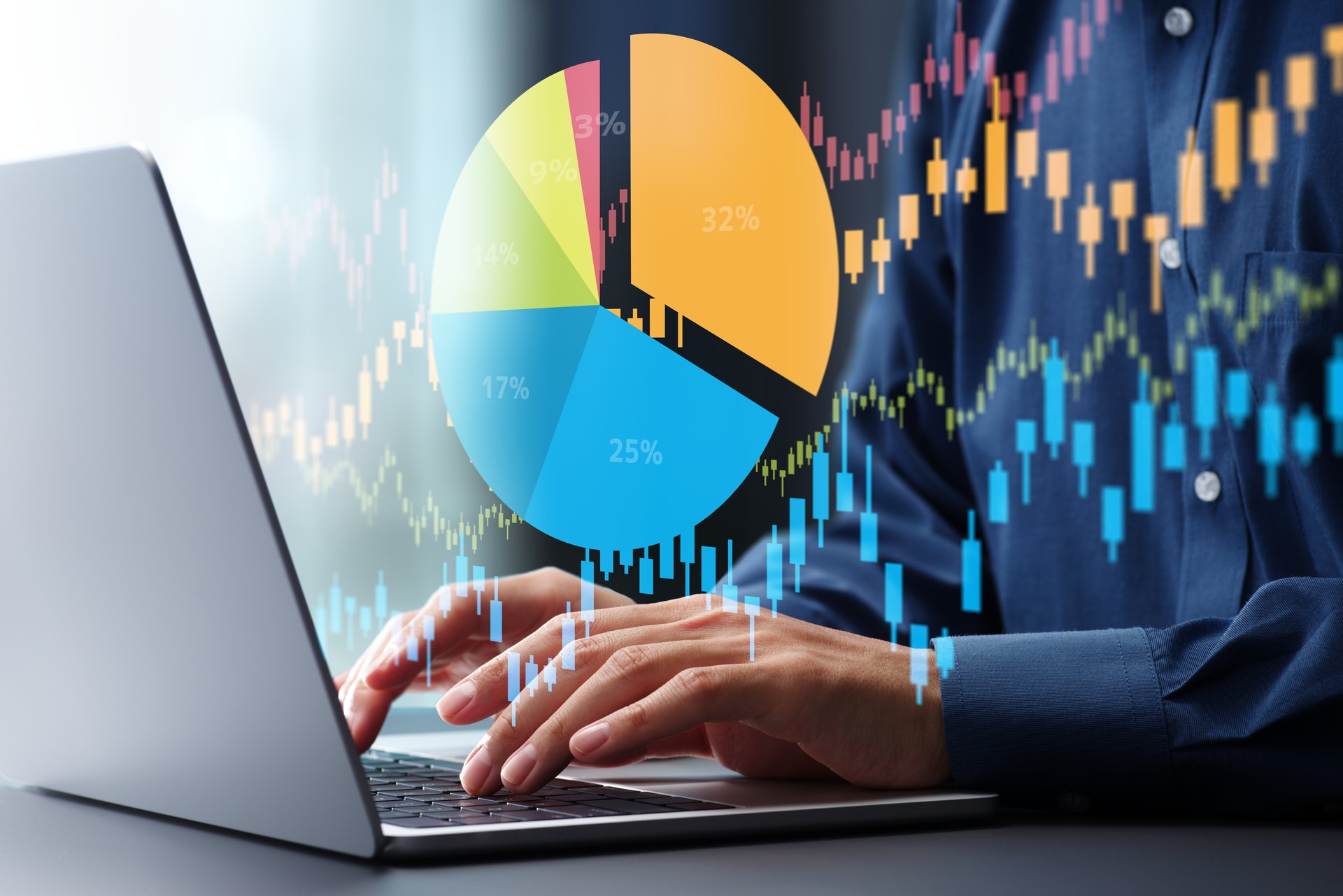 A person analyzing a digital bar and line chart on a laptop, highlighting monthly growth, financial performance, data analytics, and business strategy for investment and economic planning concepts.