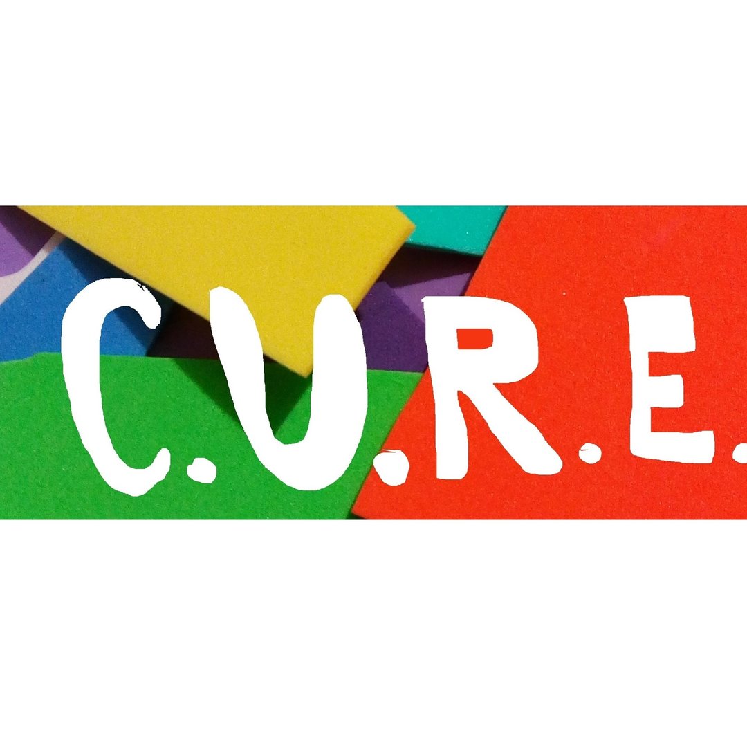 Colorful abstract background with the text "C.U.R.E." in white letters across the center.