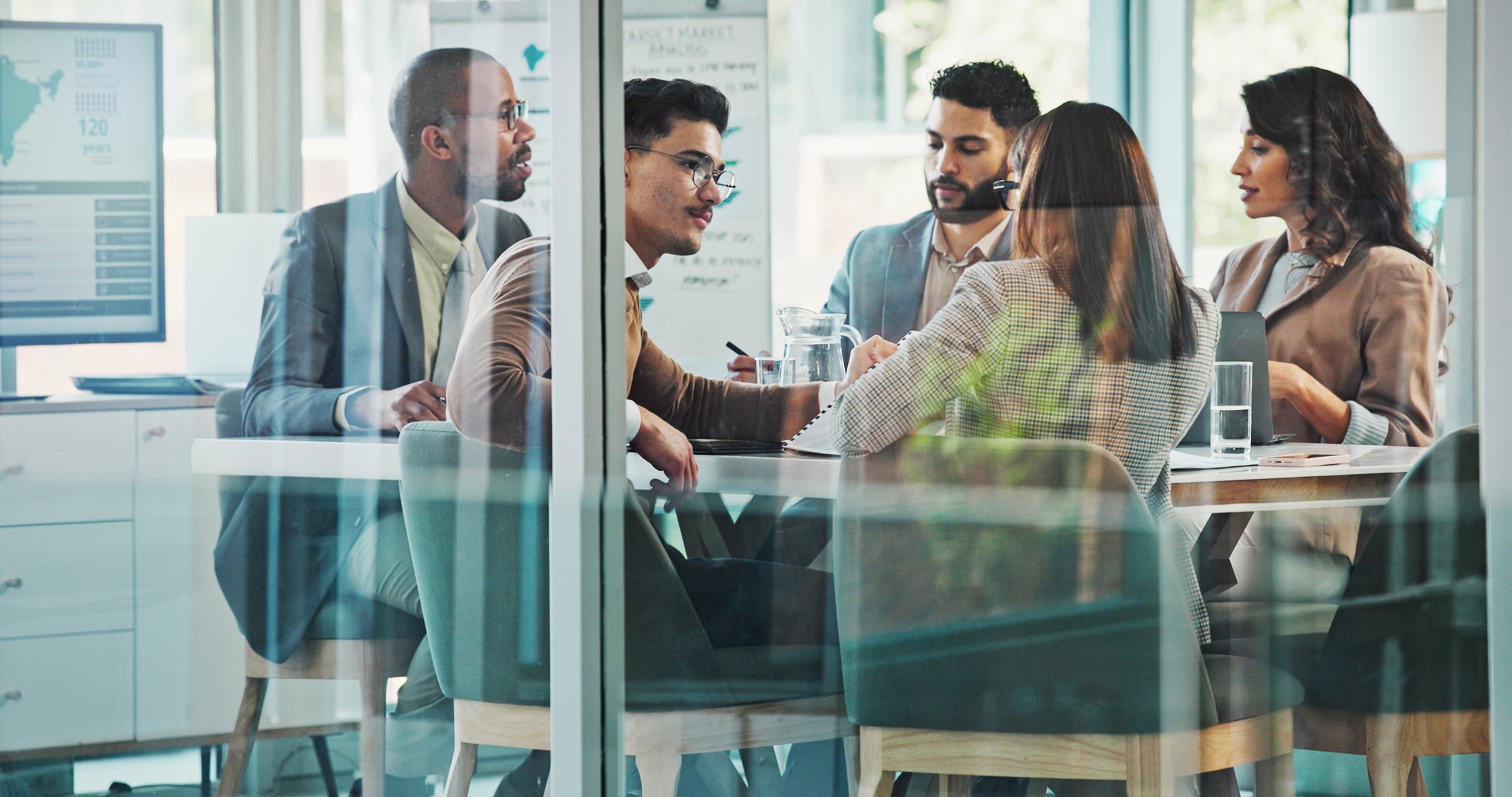 Glass, finance or business people meeting with project for feedback, discussion or teamwork. Corporate report, window or financial advisor talking to economists for economy news or planning together