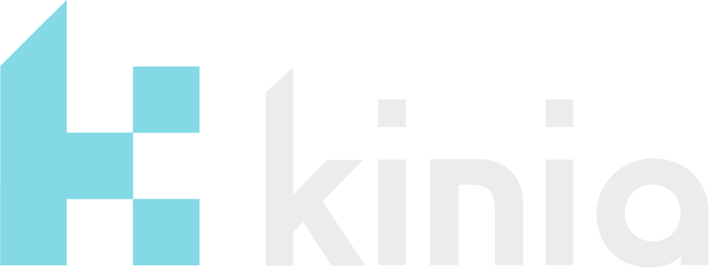 Kinio logo with a stylized turquoise K and Kinio text in light gray on a transparent background.