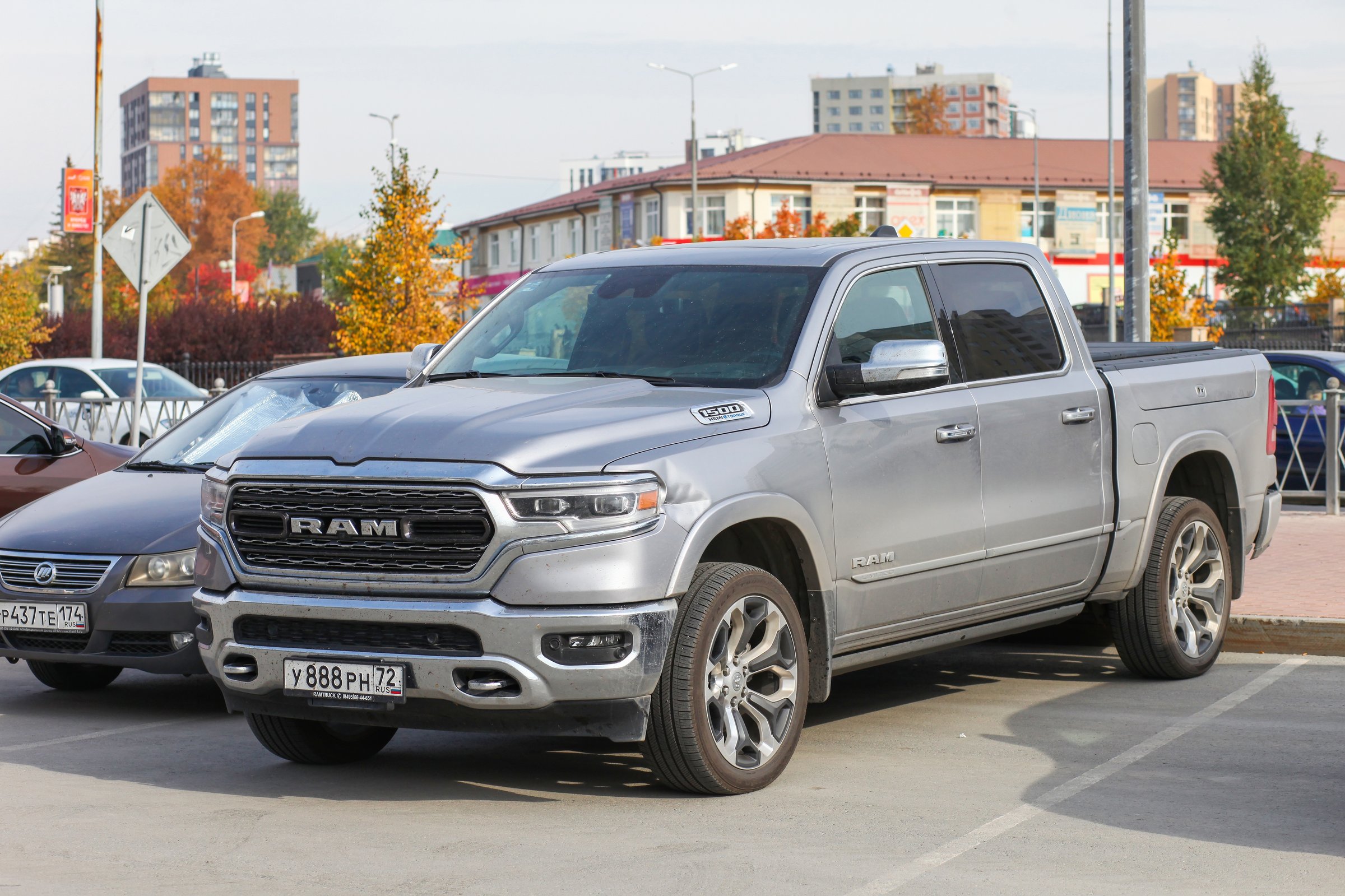Verkhnyaya Pyshma, Russia - September 14, 2021: Grey pickup truck Ram 1500 in the city street.