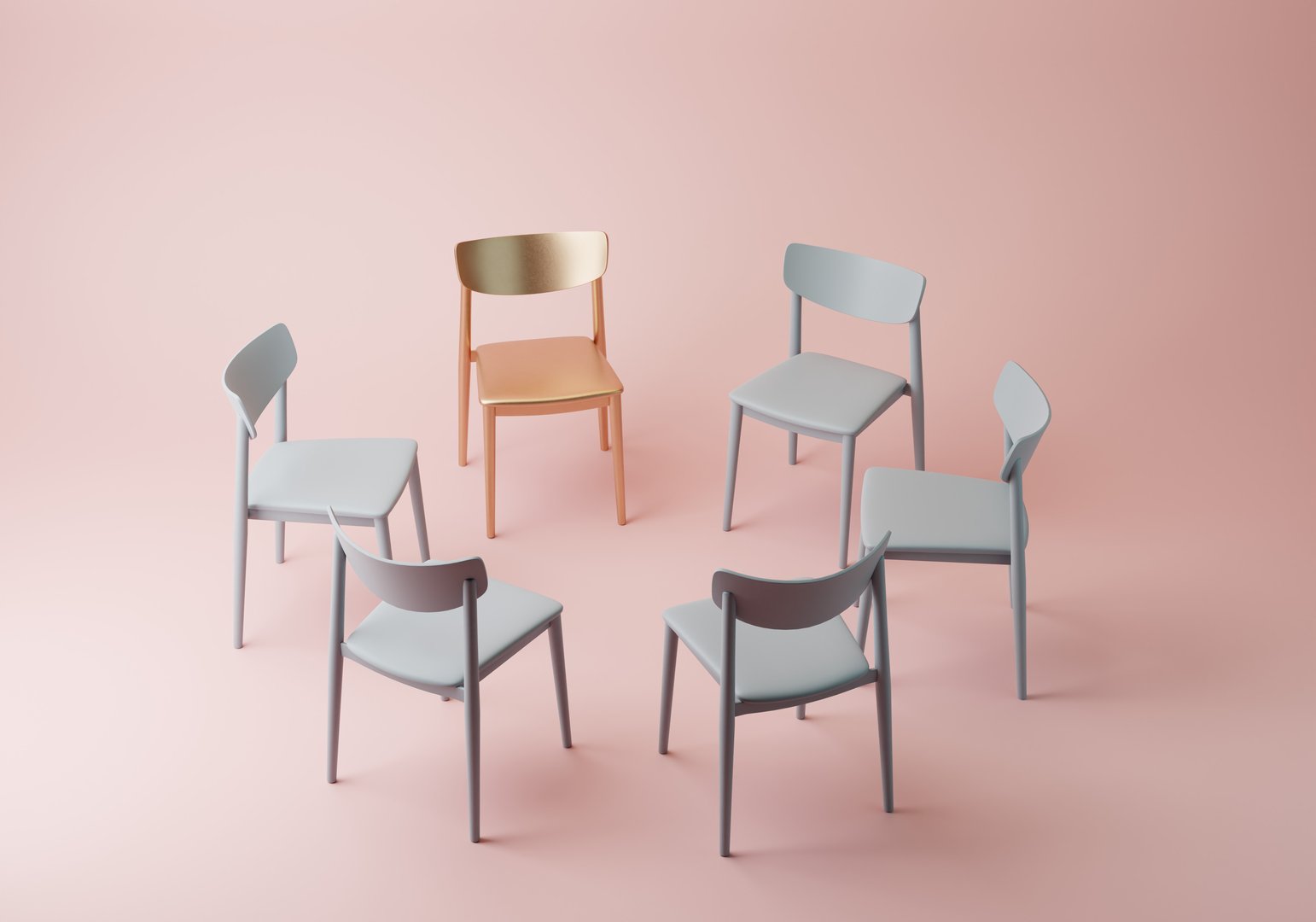 3D empty golden chair. Chairs arranged in circle on pink background. Golden Opportunity, Job Interview, Hire, Business. Minimal 3d render.