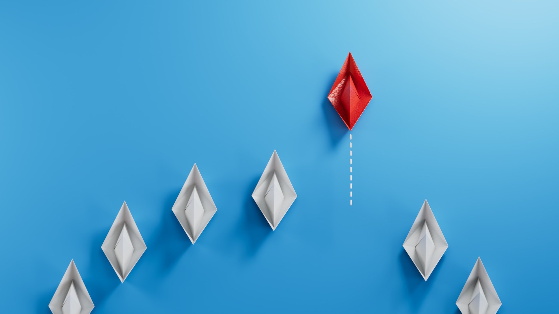 Business concept for new ideas creativity, innovative solution and Leaderboat concept with blue paper boat leading among white.3D rendering on blue background.