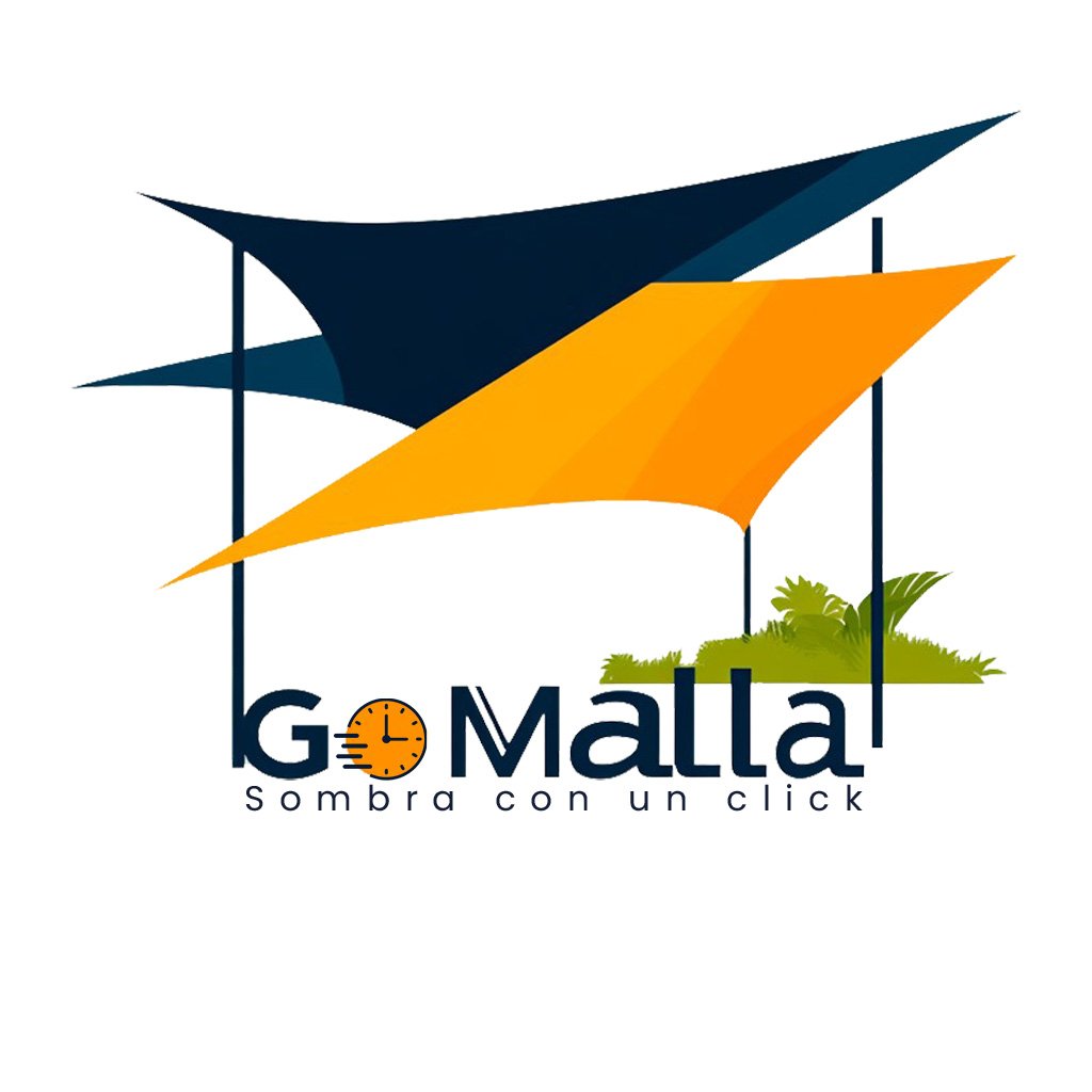 Logo of Go Malla featuring stylized sun shades, greenery, a clock, and the slogan 'Sombra con un click.'
