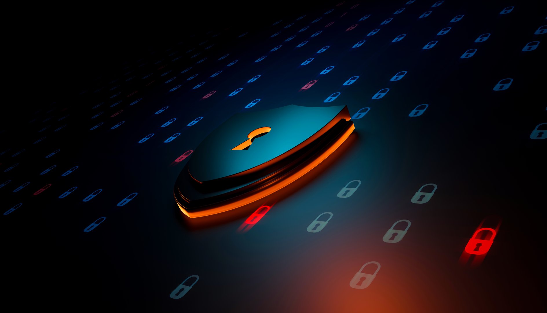 Protection network security computer and safe your data concept. Shield icon cyber security, digital data network protection, Digital crime by an anonymous hacker. 3D illustration