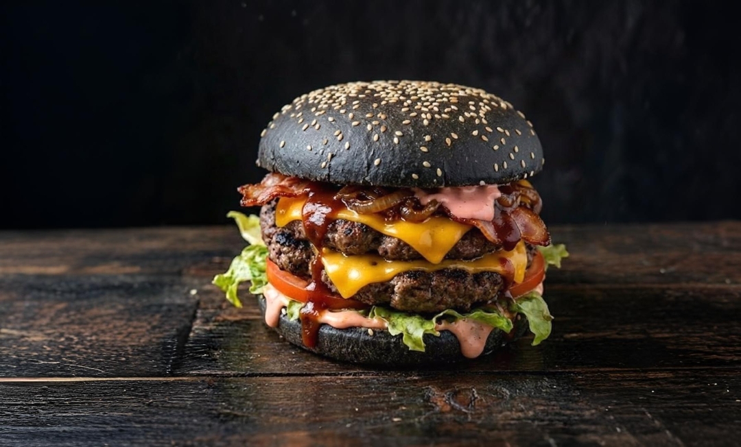 Delicious gourmet double handmade burger with double cheddar, special white sauce, crispy bacon and sesame seed bun, served on a round wooden cracker with a dark bottom.