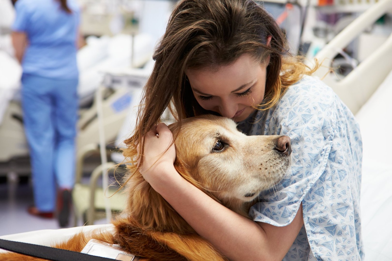 Sweet Loving Therapy Dog Visiting Young Happy Female Patient In Hospital