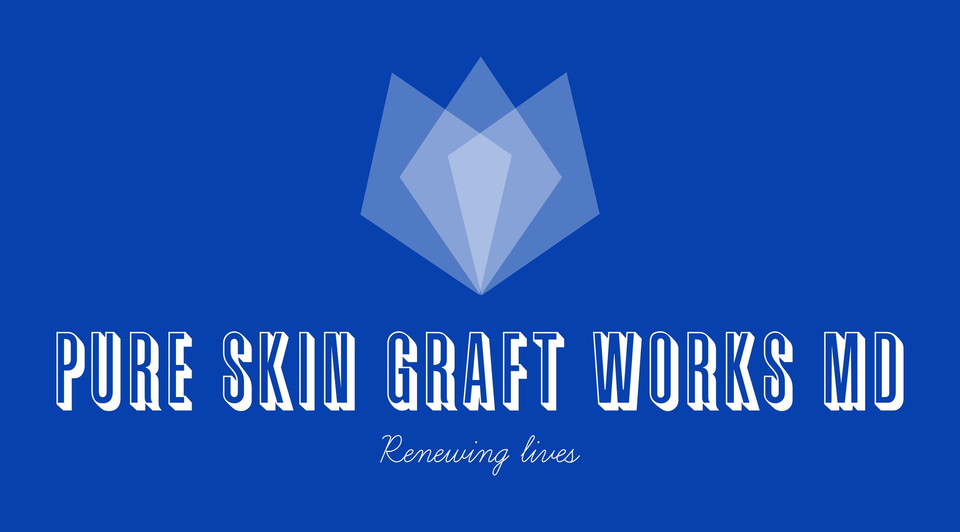 Logo of Pure Skin Graft Works MD with text Renewing lives on a blue background with a geometric shape above.