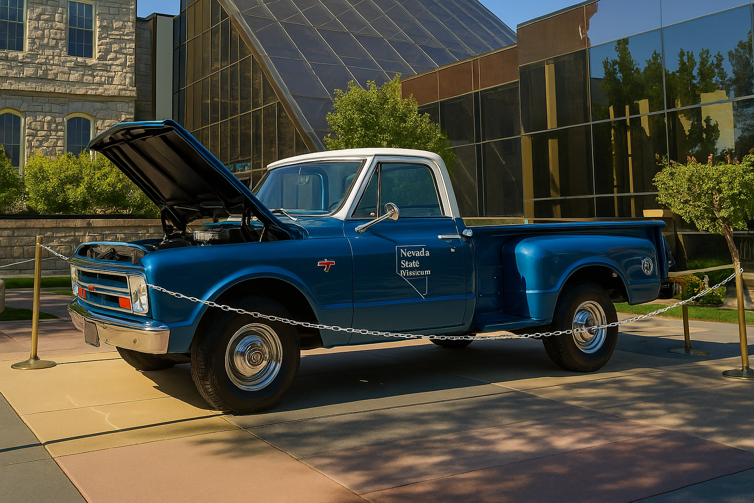 Bright blue restored 1967 Chevrolet Stepside at Nevada State Museum - high shine museum quality finish