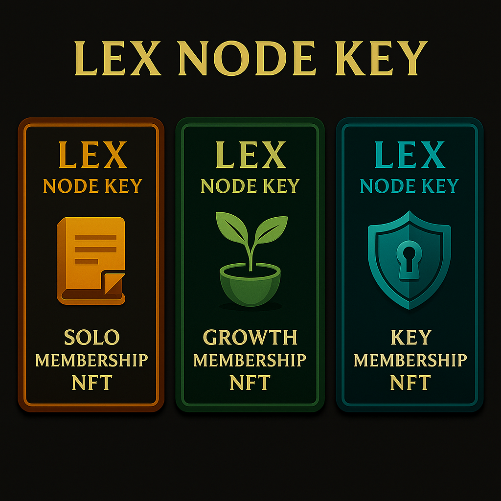Lex Node Key DAO Membership Tiers - Solo, Growth, and Key Membership with detailed benefits and access levels