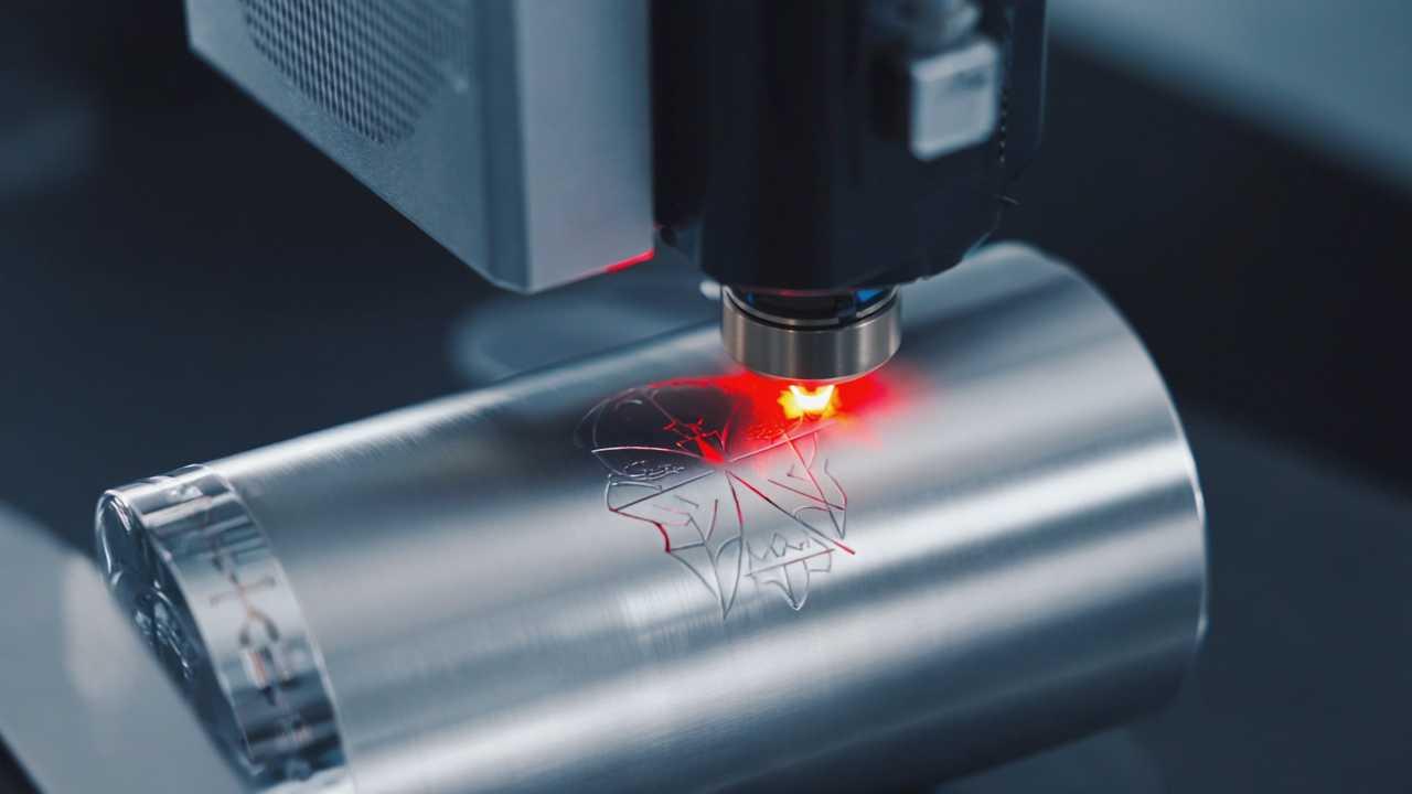 A laser engraver etches a geometric design onto a metal cylinder, with a red laser light visible on the surface.