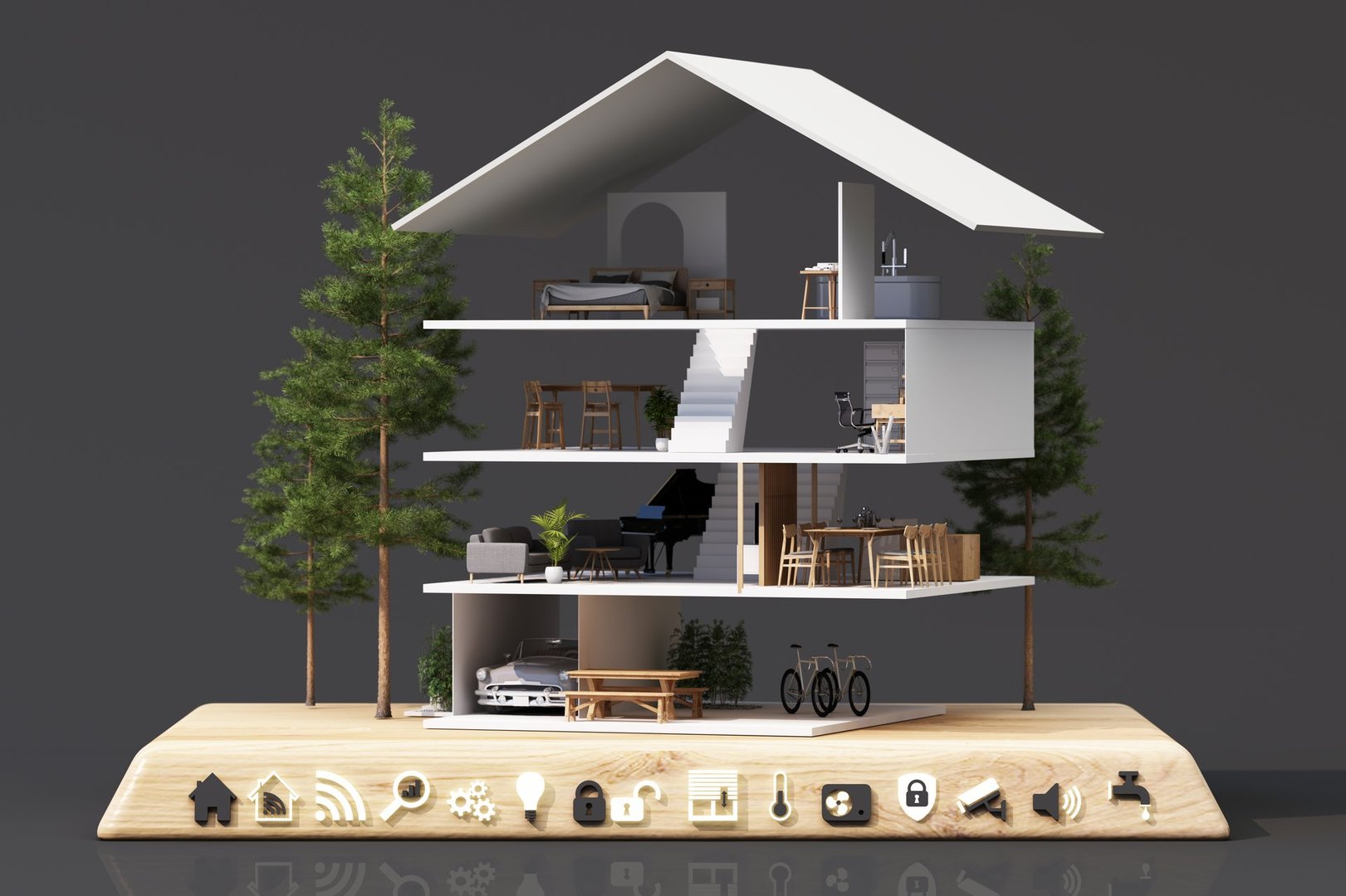 Modern smart home cross section with multiple floors, showcasing of technology and natural elements. The futuristic interface automation, security, and connectivity in a living space. 3d rendering.