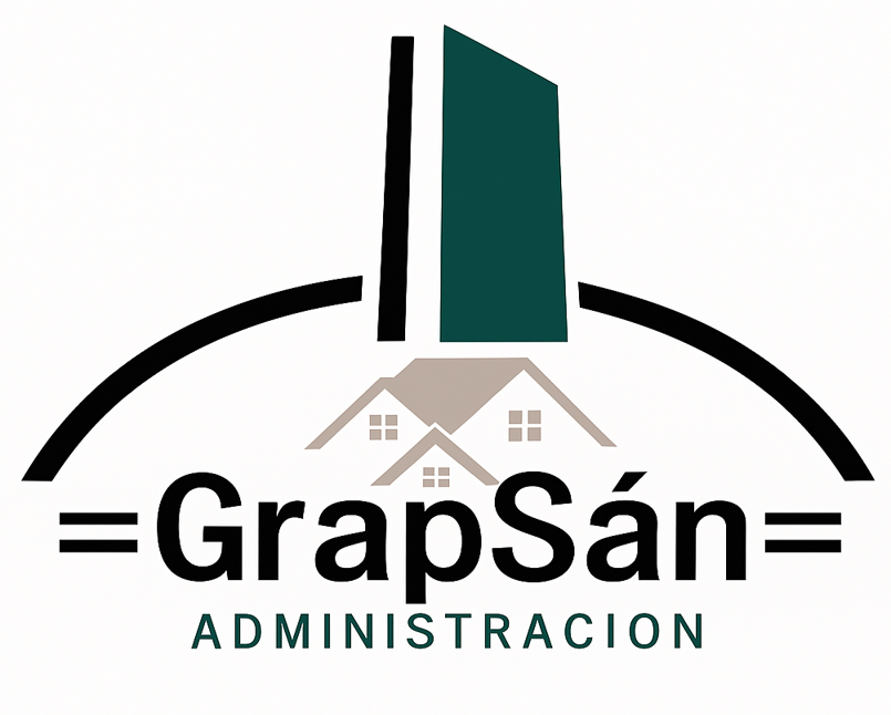 Logo of GrapSán Administración with stylized buildings and houses, featuring bold text and a green color scheme.