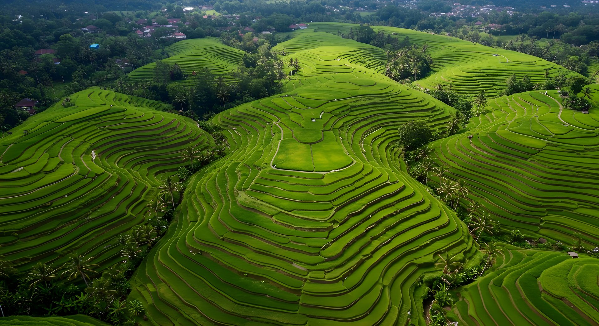 Aerial drone view of  Rice fields terraces in Ubud, Bali, Indonesia