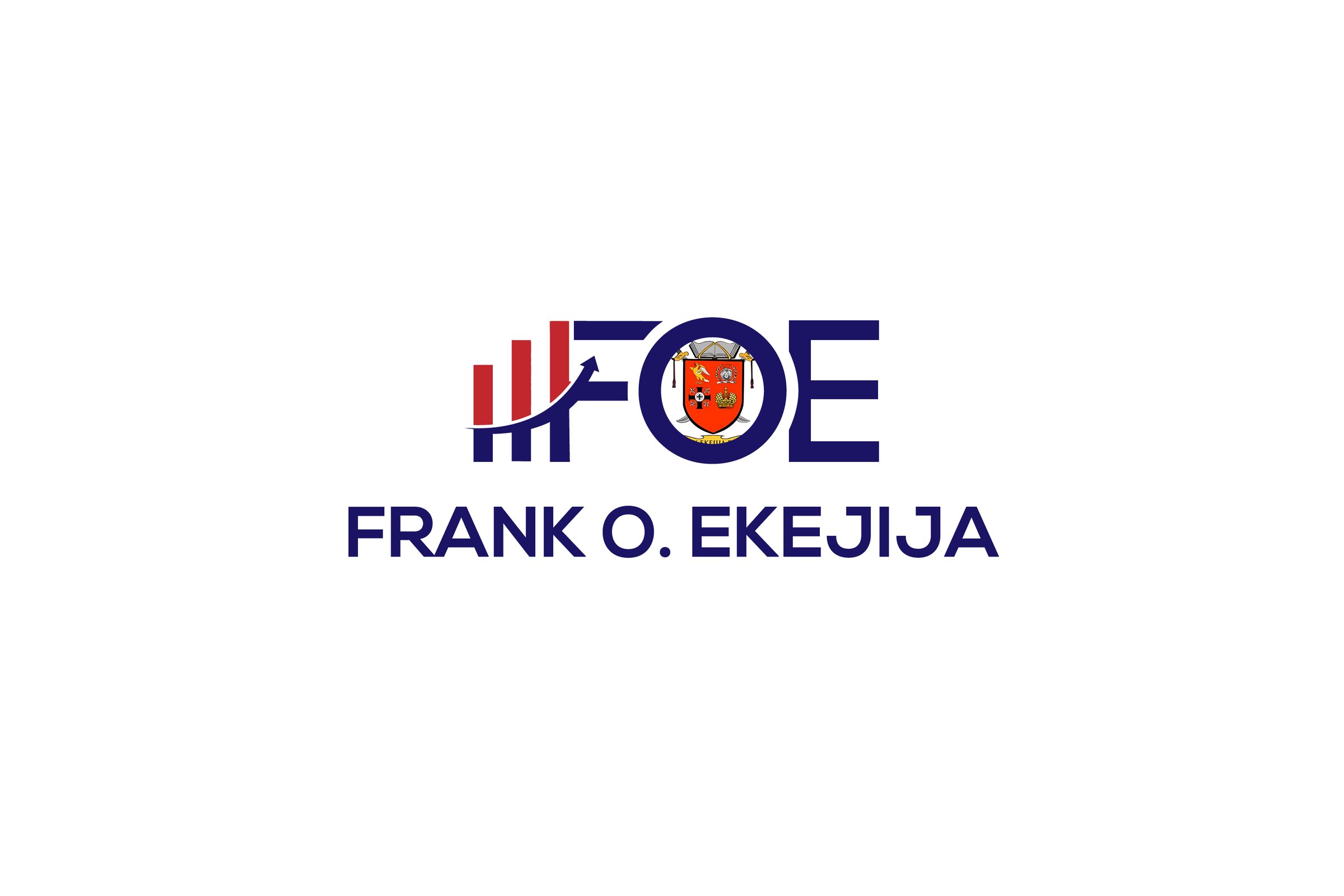 Logo with initials FOE, featuring a shield crest and a bar graph design. Below, the name Frank O. Ekejija is displayed.