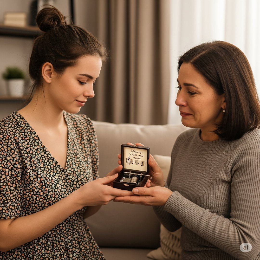 Two women exchange a musical jewelry box with a heartfelt message, sitting together on a cozy living room sofa.