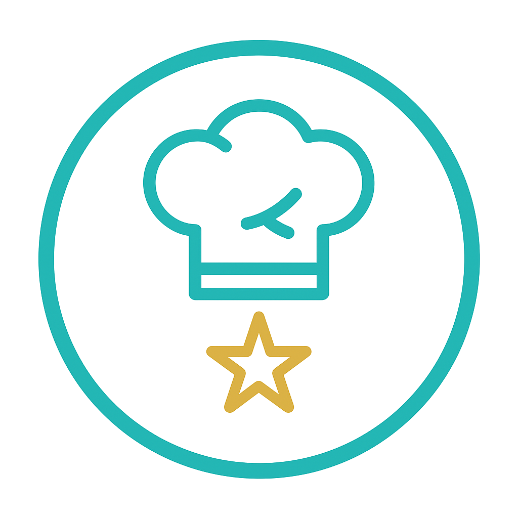 Icon of a chef hat with a gold star below, enclosed in a teal circle border.