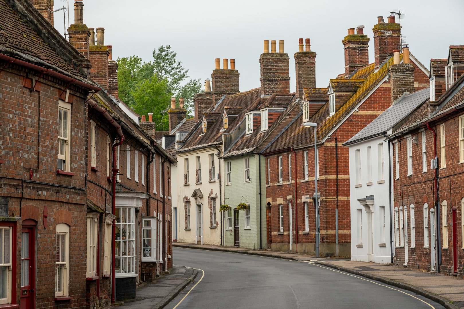Picturesque street with typical british brick houses in Wareham, Dorset.