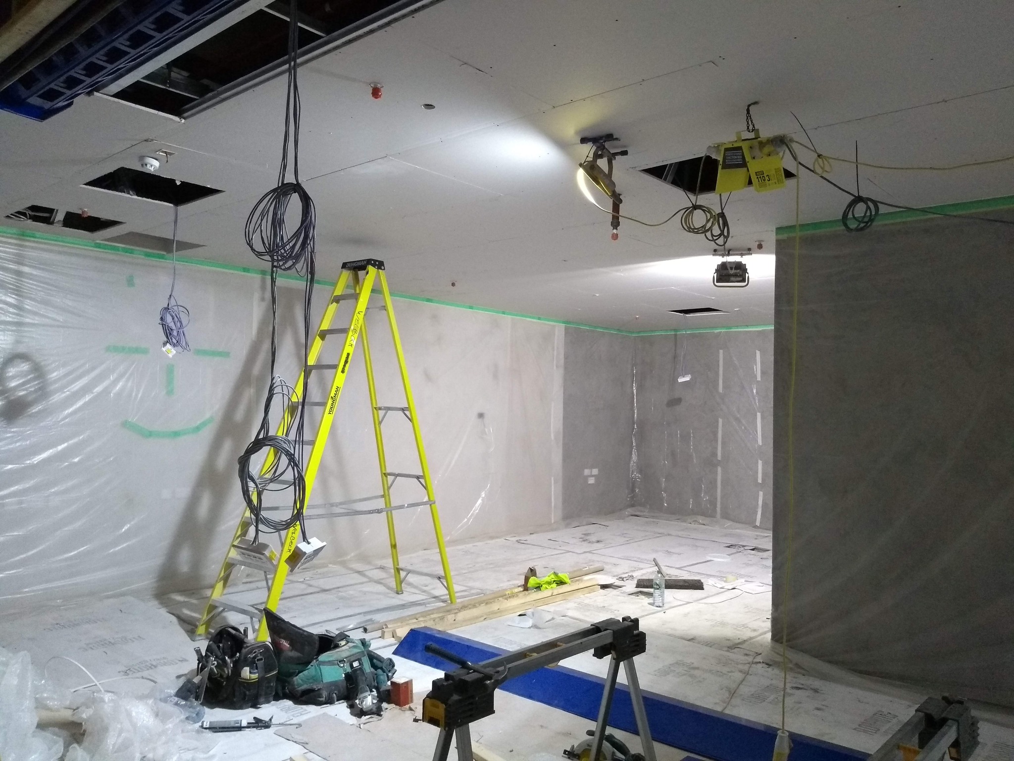 Professional painter using a paint roller applying green paint on a wall in a room during a home renovation