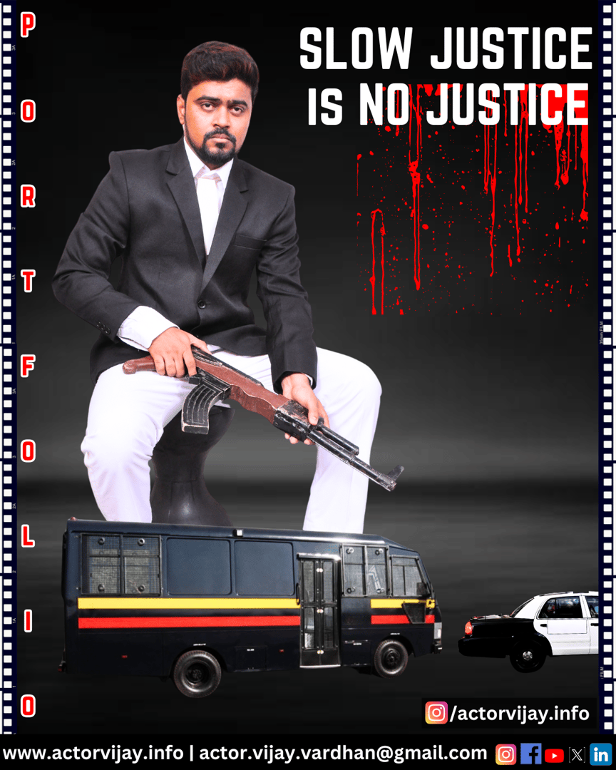 Man in a white suit with a firearm, sitting on a black pedestal. Text: "Slow justice is no justice" with police vehicles pictured.