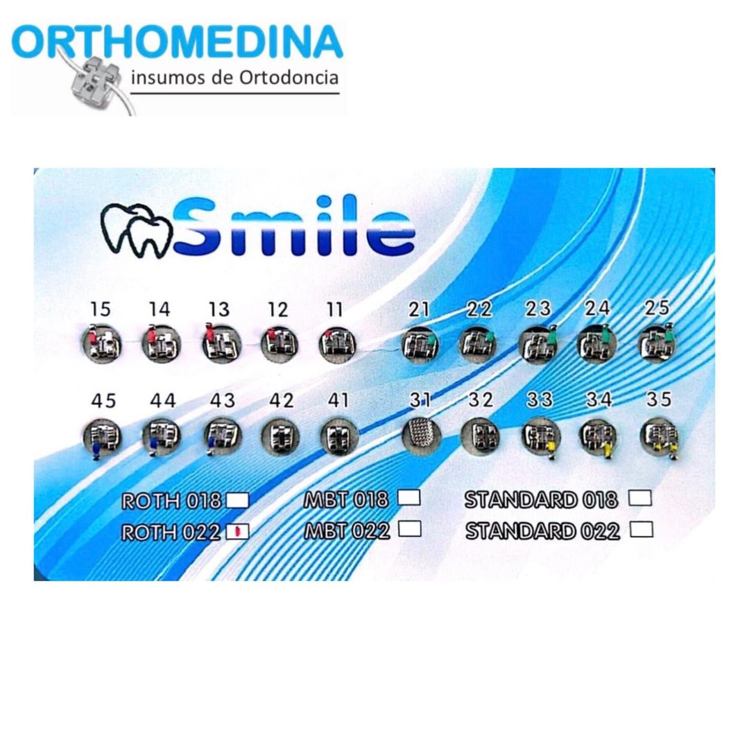 Orthodontic bracket set with different specifications including ROTh 018, MBI 022, and others on a blue and white card.
