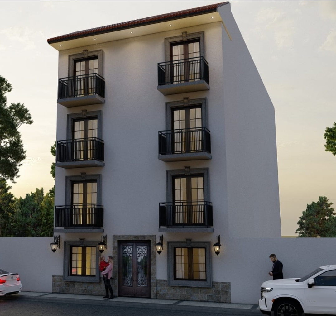 Three-story building with balconies, two people outside, white SUV parked nearby, surrounded by trees at dusk.