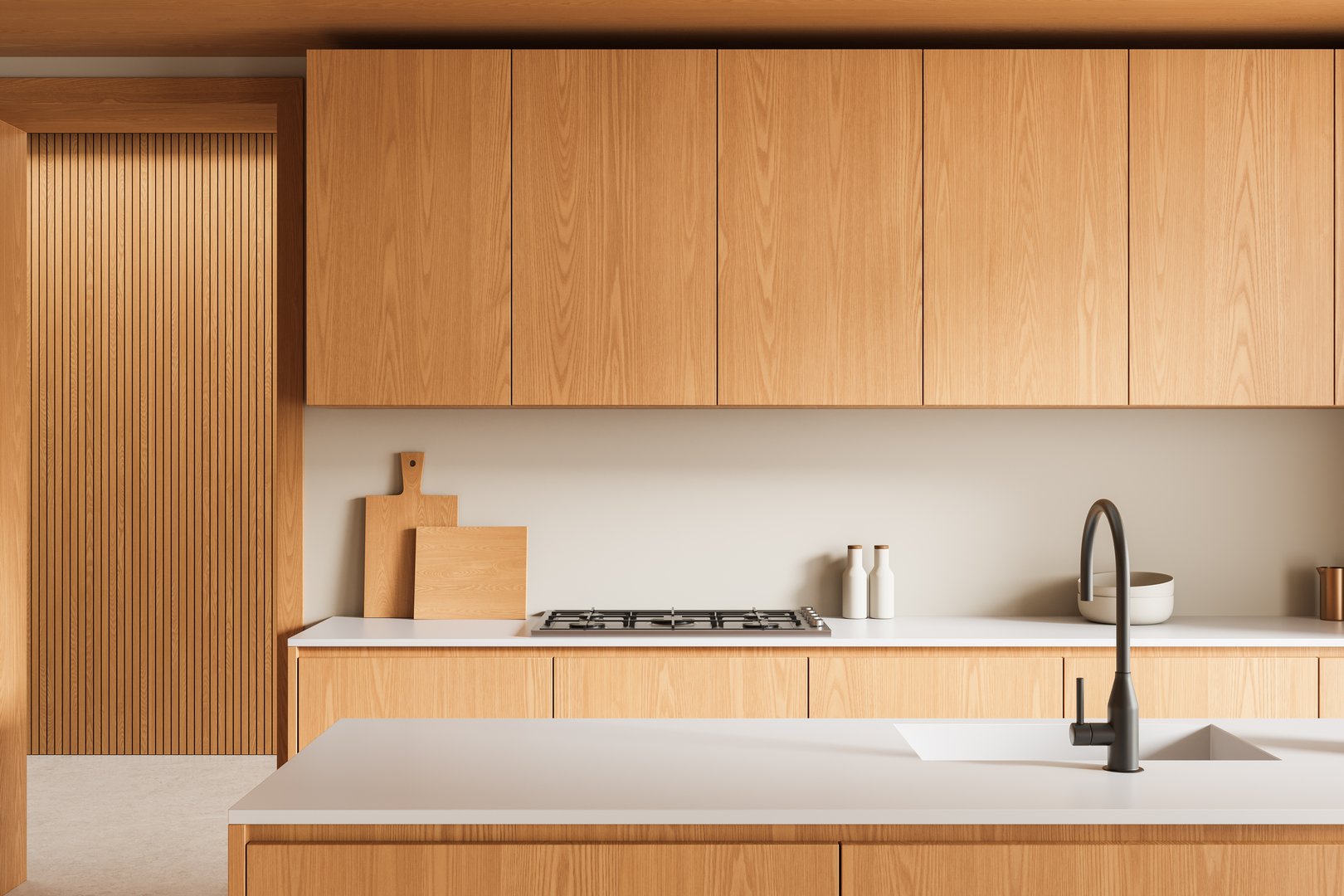 Contemporary kitchen interior with light wood cabinetry and built-in appliances, minimalist style, neutral background. Concept of modern home living. 3D Rendering