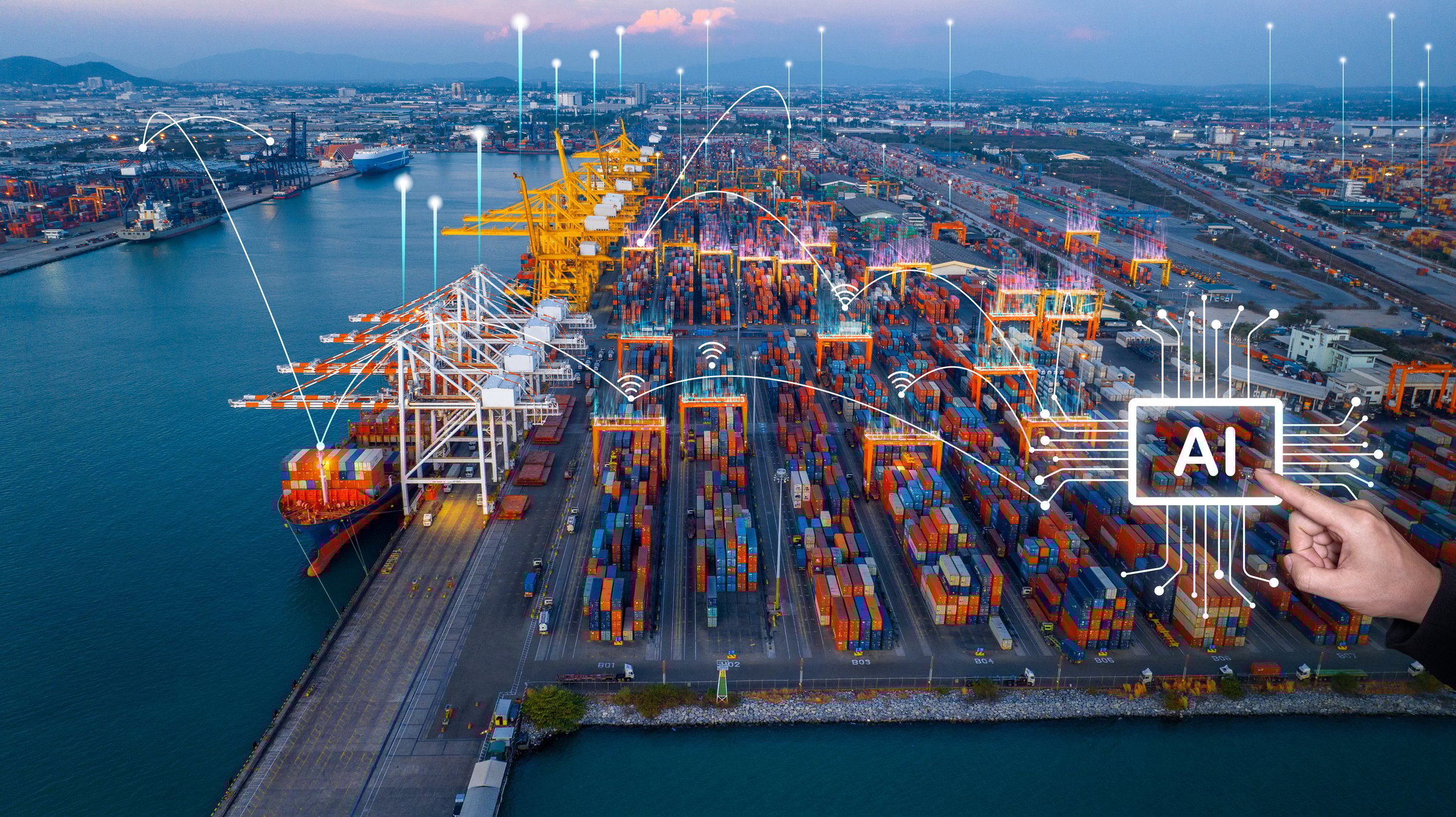 Chat AI bot. Ai tech for futurist automatic transportation logistics Cargo Shipping, business virtual graphic Global Internet line connect Chat with AI. hi technology in Ship port.