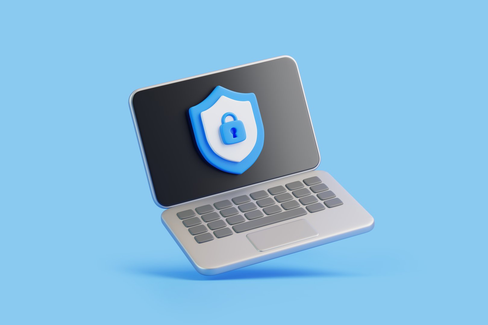 Laptop with a blue shield and lock icon, representing cybersecurity, data protection, and online privacy. 3D render illustration